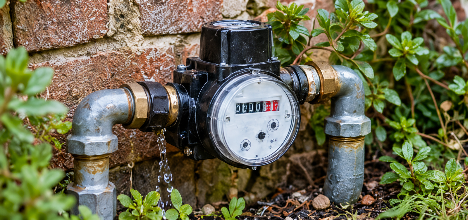 Water Meter against Brick Wall